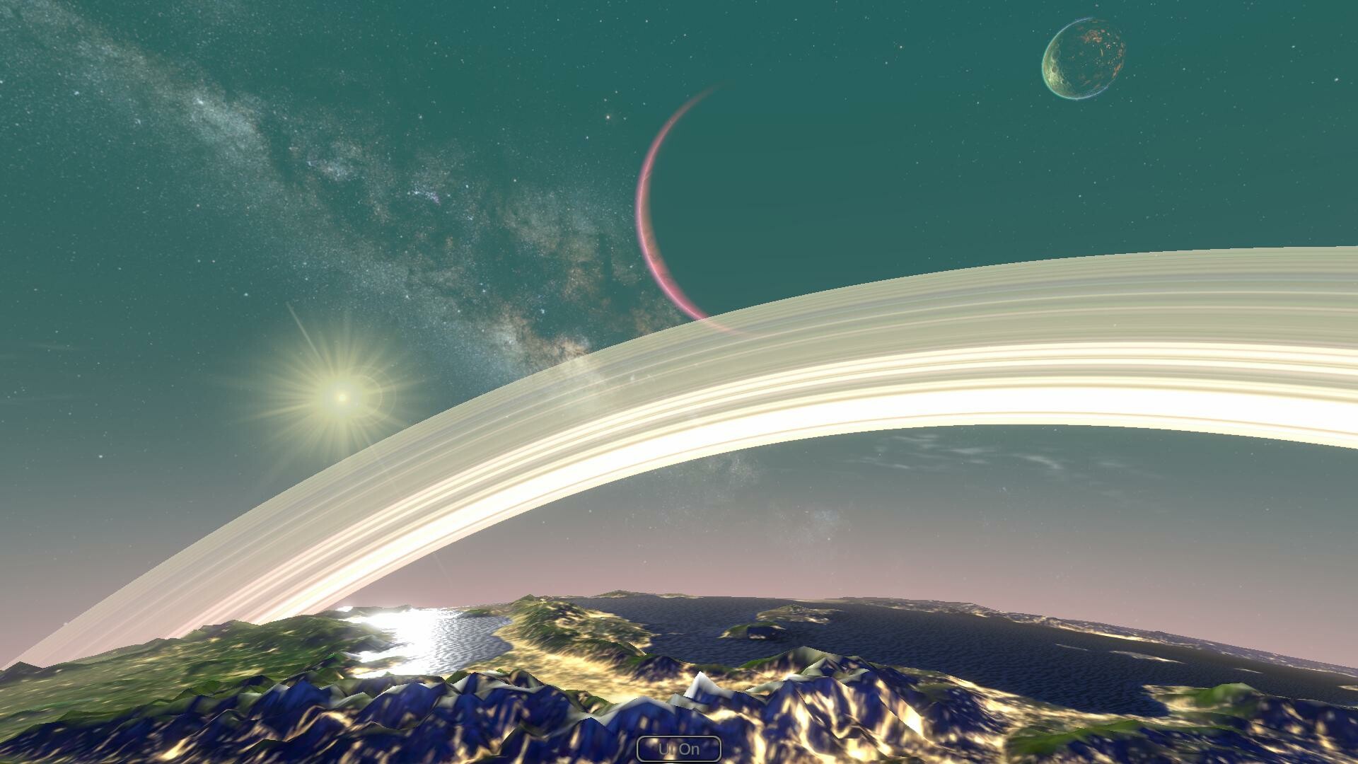 Standing on the surface of a ringed planet: rings arching across a teal sky with two moons and the Milky Way