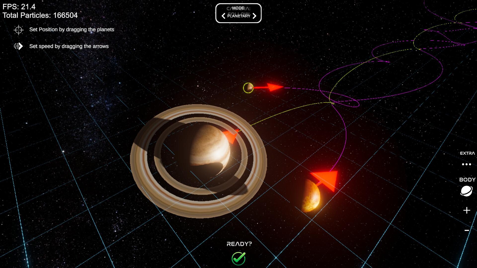 Sandbox setup mode: dragging planets and velocity arrows over projected orbit lines